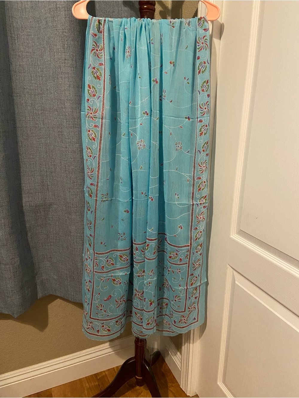 Indian Glitter Printed Light Blue Sheer Scarf Dupatta Floral Patterns Handmade